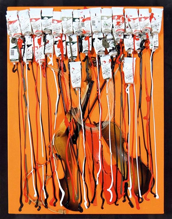 ARMAN FERNANDEZ - Violin on orange canvas with pressed paint tubes 2002