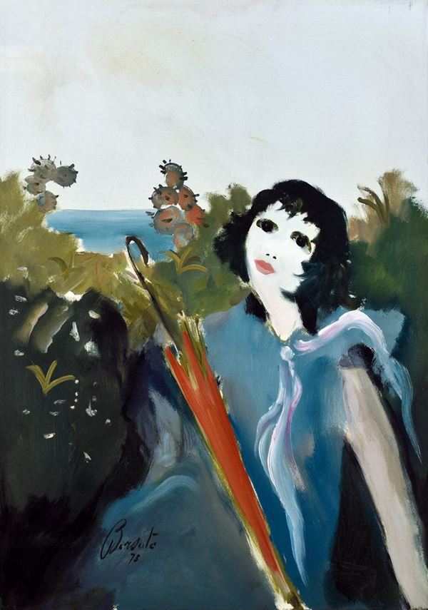 RENATO BORSATO : Ragazza con ombrello   (1973)  - olio su tela  - Auction ASTA 73 A TEMPO DI ARTE MODERNA E CONTEMPORANEA - II - Fidesarte - Casa d'aste