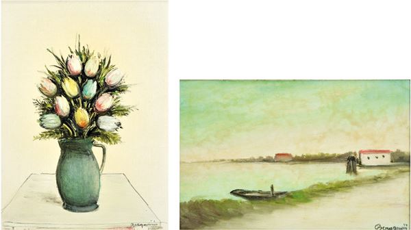 ALDO BERGAMINI : Vaso di fiori 1951 - Paesaggio lagunare 1974  - lotto di 2 olii su tela - Asta ASTA DI ARTE MODERNA E CONTEMPORANEA - II - Fidesarte - Casa d'aste