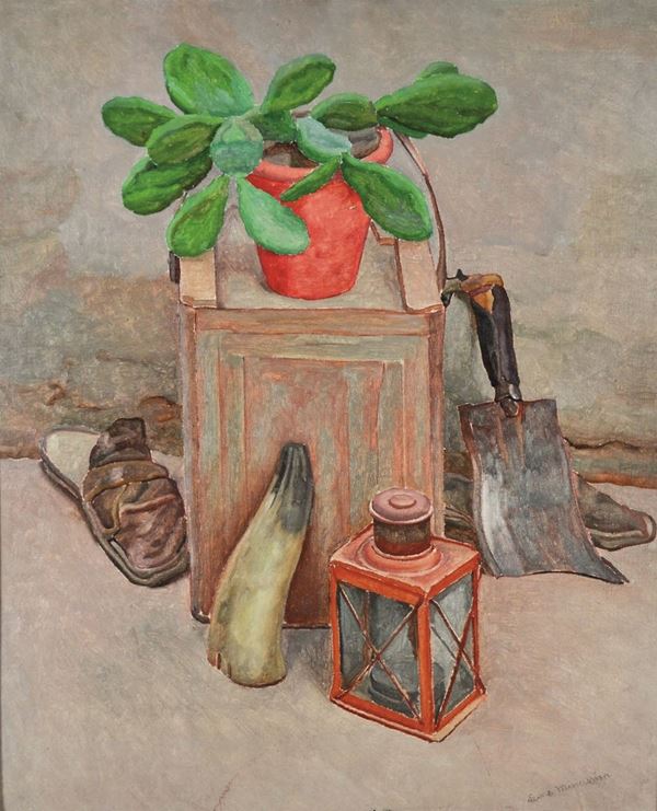 LEONE MINASSIAN : Natura morta con fanale 1929  - olio su cartone - Auction 71° Asta di Arte Moderna e Contemporanea - Fidesarte - Casa d'aste