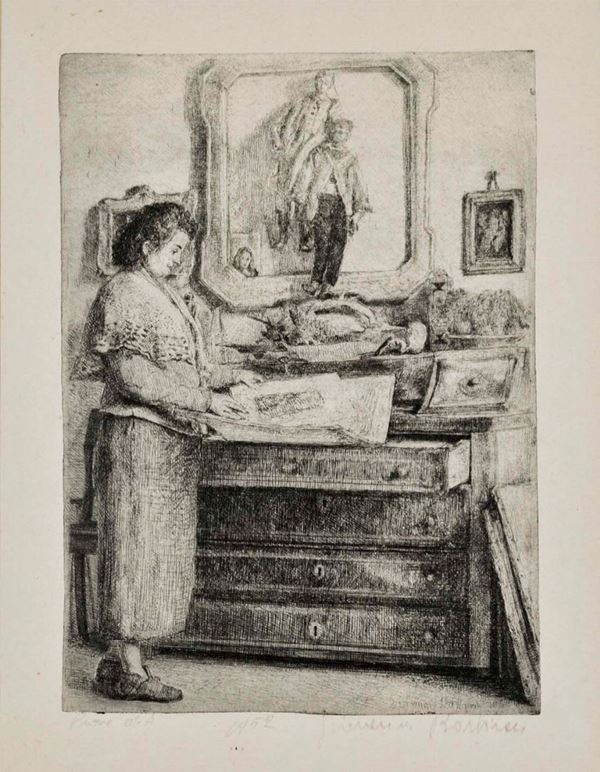 GIOVANNI BARBISAN - Donna che guarda delle stampe 1952