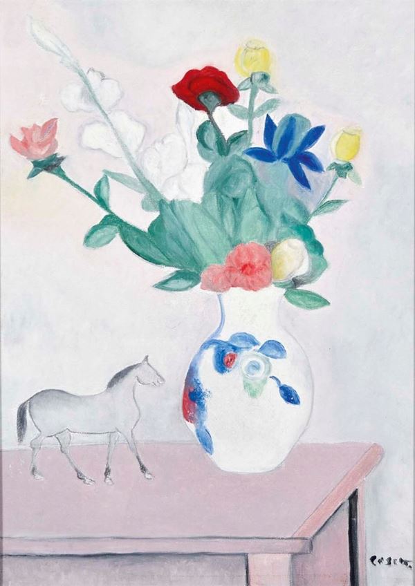 GIUSEPPE CESETTI - Natura morta con fiori e cavallo 1972