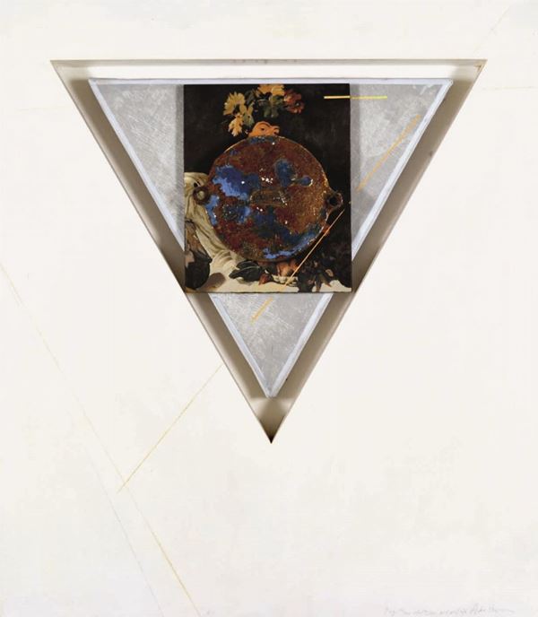 ANDREA VIZZINI : Triangolo per bacco  (1990)  - tecnica mista su tela legno e ferro - Asta 70° Asta di arte moderna e contemporanea - Fidesarte - Casa d'aste