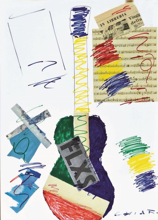 GIUSEPPE CHIARI : Chitarra e spartito  - tecnica mista e collage su carta - Asta 71° Asta di Arte Moderna e Contemporanea - Fidesarte - Casa d'aste