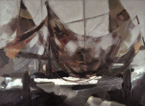 RENATO BORSATO : Barche e reti  (1957)  - olio su tela - Asta 71° Asta di Arte Moderna e Contemporanea - Fidesarte - Casa d'aste