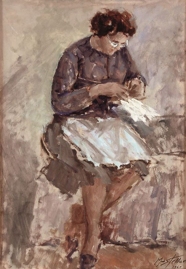 GIUSEPPE MASTELLARO : Donna che cuce  (1960)  - olio su cartone telato - Asta 71° Asta di Arte Moderna e Contemporanea - Fidesarte - Casa d'aste