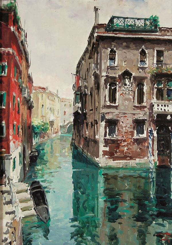 LUIGI PAGAN : Rio veneziano  - olio su tela - Asta 71° Asta di Arte Moderna e Contemporanea - Fidesarte - Casa d'aste