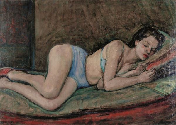 LUIGI SCARPACROCE : Nudo disteso  (1952)  - olio su tela - Asta 71° Asta di Arte Moderna e Contemporanea - Fidesarte - Casa d'aste