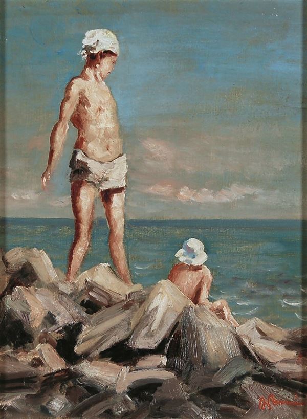 ALESSANDRO POMI : Ragazzi al mare  (1934)  - olio su cartone multistrato - Asta 71° Asta di Arte Moderna e Contemporanea - Fidesarte - Casa d'aste