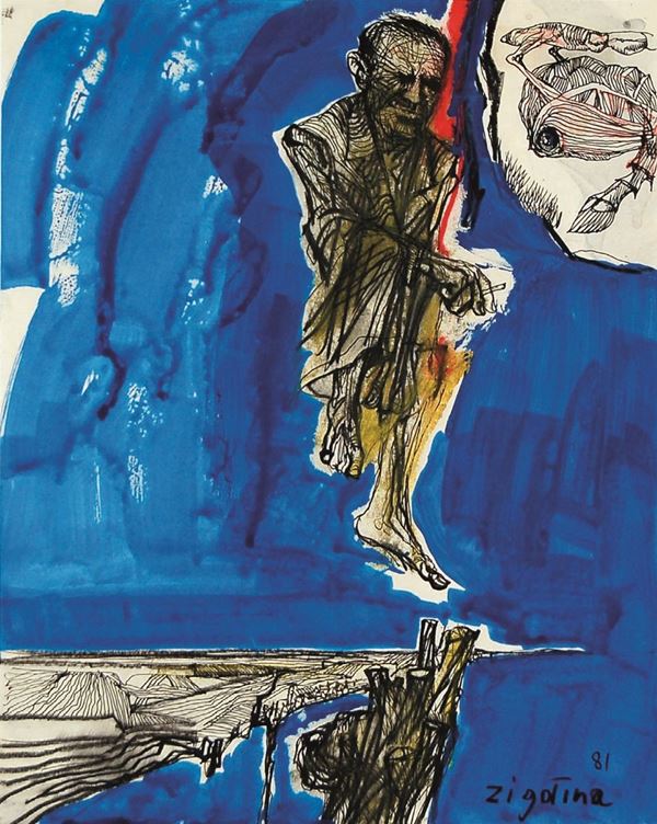 GIUSEPPE ZIGAINA : Mio padre il sogno  (1981)  - tecnica mista su carta - Asta 71° Asta di Arte Moderna e Contemporanea - Fidesarte - Casa d'aste