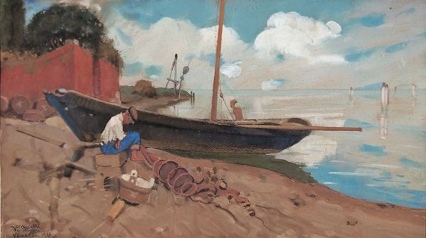 VETTORE ZANETTI ZILLA : Barca in palude  (1931)  - olio su cartone - Asta 71° Asta di Arte Moderna e Contemporanea - Fidesarte - Casa d'aste