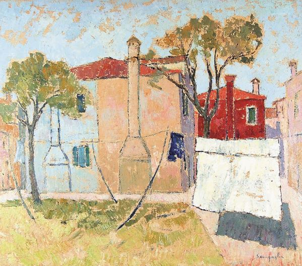 GIUSEPPE SENIGAGLIA : Case a Burano  (1979)  - olio su tela - Auction 71° Asta di Arte Moderna e Contemporanea - Fidesarte - Casa d'aste