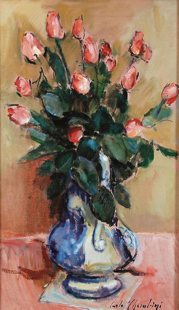 CARLO CHERUBINI : Vaso di rose  - olio su tela - Asta 71° Asta di Arte Moderna e Contemporanea - Fidesarte - Casa d'aste