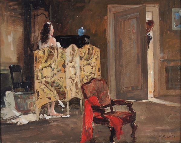 COSIMO PRIVATO : Interno di una stanza  ((anni '40))  - olio su cartone - Asta 71° Asta di Arte Moderna e Contemporanea - Fidesarte - Casa d'aste