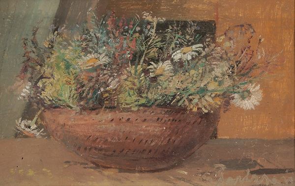 GIOVANNI BARBISAN : Cesto di fiori  (1963)  - olio su tavola - Asta 71° Asta di Arte Moderna e Contemporanea - Fidesarte - Casa d'aste