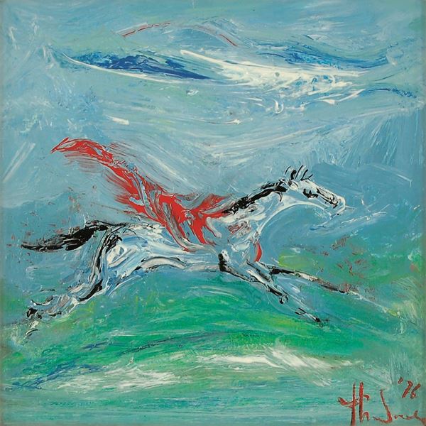 GIOVANNI STRADONE : Cavallo col drappo rosso  (1976)  - olio su tavola - Asta 71° Asta di Arte Moderna e Contemporanea - Fidesarte - Casa d'aste