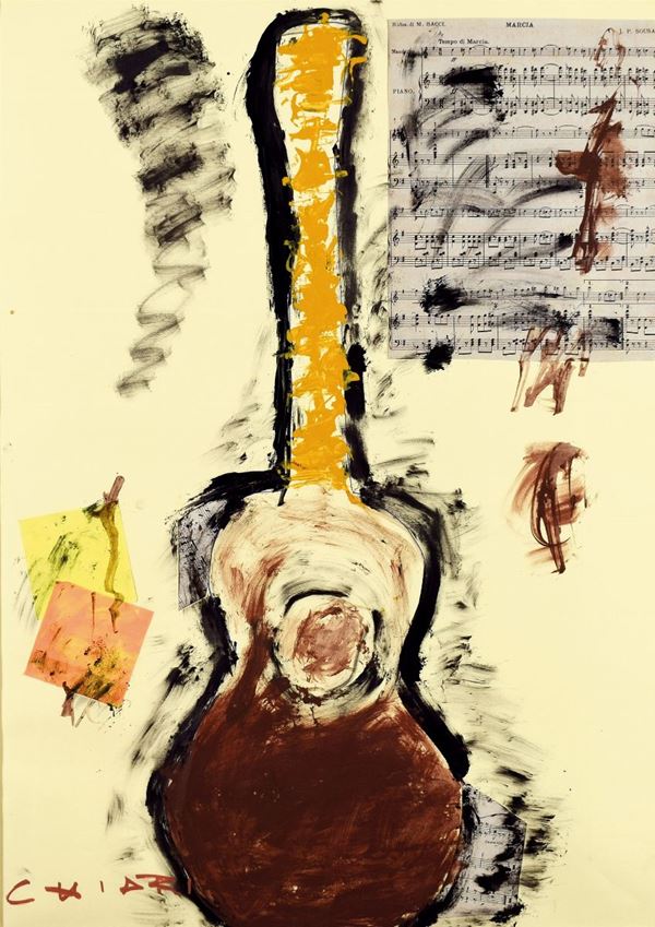 GIUSEPPE CHIARI : Chitarra  - tecnica mista e collage su carta - Asta 73° ASTA A TEMPO DI ARTE MODERNA E CONTEMPORANEA - II - Fidesarte - Casa d'aste
