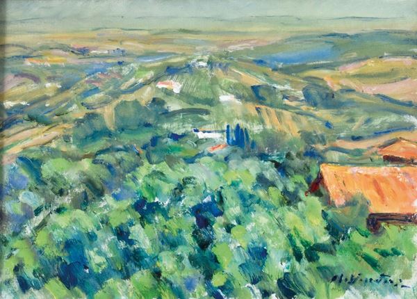 MARIO DISERTORI : Paesaggio  - olio su cartone telato - Asta 73° ASTA A TEMPO DI ARTE MODERNA E CONTEMPORANEA - II - Fidesarte - Casa d'aste