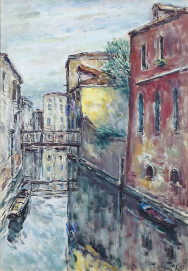RINO VILLA : Canale veneziano  (1975)  - olio su tela - Asta 73° ASTA A TEMPO DI ARTE MODERNA E CONTEMPORANEA - II - Fidesarte - Casa d'aste
