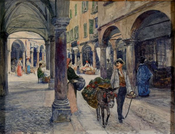 GIUSEPPE  VIZZOTTO ALBERTI : Al mercato  (1896)  - acquerello su cartone - Asta 73° ASTA A TEMPO DI ARTE MODERNA E CONTEMPORANEA - II - Fidesarte - Casa d'aste