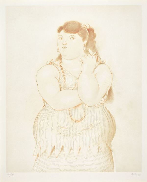 FERNANDO BOTERO - Mujer Fumando  "Mario Vergas Llosa, Dessin et acquarelles" 1984