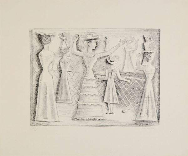MASSIMO CAMPIGLI : Il gioco della palla   (1944)  - litografia su carta riportata su cartoncino es. 35/60 - Auction ASTA 73 A TEMPO DI GRAFICA - I - Fidesarte - Casa d'aste