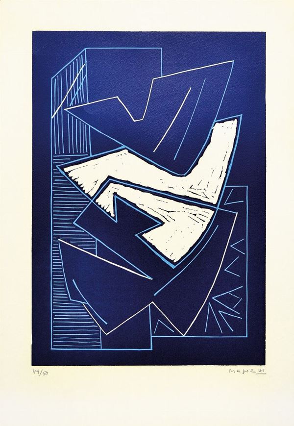 ALBERTO MAGNELLI : Lino fondo bleu  (1970)  - linoleumgrafia es. 45/50 - Asta 73° ASTA A TEMPO DI GRAFICA - I - Fidesarte - Casa d'aste