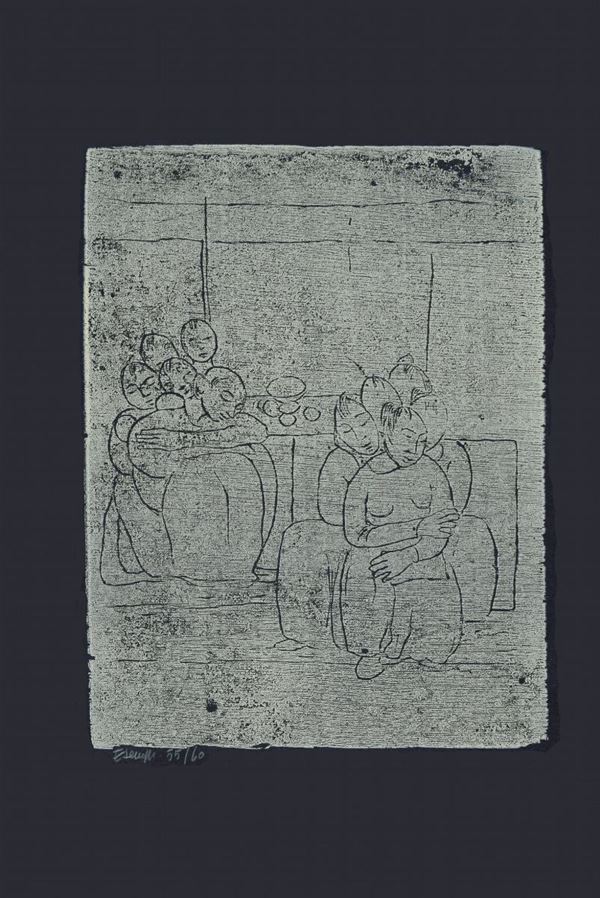 FELICE CASORATI : Figure nella stanza  (1963)  - xilografia es. 55/60 - Auction ASTA 73 A TEMPO DI GRAFICA - I - Fidesarte - Casa d'aste
