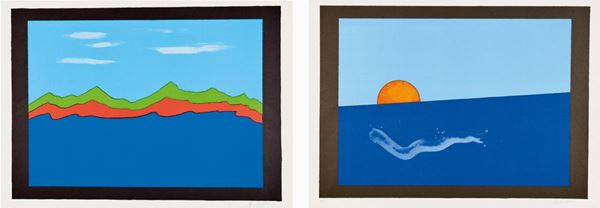 FRANCO ANGELI : Paesaggio sardo - Tramonto  (1975)  - lotto di 2 litografie es. 85/128 - 48/80 - Asta 73° ASTA A TEMPO DI GRAFICA - I - Fidesarte - Casa d'aste