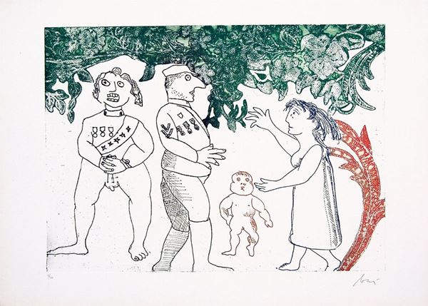 ENRICO BAJ : La partenza per la guerra  (1970)  - acquaforte acquatinta es. 2/60 - Asta 73° ASTA A TEMPO DI GRAFICA - I - Fidesarte - Casa d'aste
