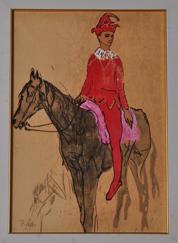PABLO PICASSO : Arlecchino a cavallo  - serigrafia polimaterica su tela postuma - autorizzata - Asta 5° Asta Benefica Opere d'Arte - Fidesarte - Casa d'aste