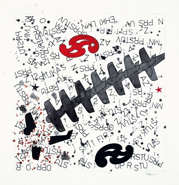 FRANCO ANGELI : Stukas  ((anni '70))  - tempera e tecnica mista su carta cotone - Asta 74° Asta di Arte Moderna e Contemporanea - Fidesarte - Casa d'aste