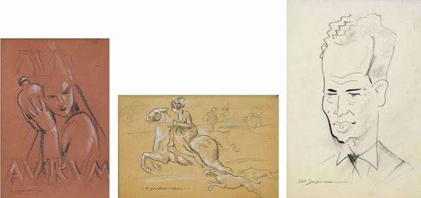 MARCELLO DUDOVICH : Donna a cavallo seguita dai cani - Aurum (Donna con bottiglia) - Viso di uomo  (1935 (Aurum))  - lotto di 3 tecniche miste su tela - Auction  - I - Fidesarte - Casa d'aste