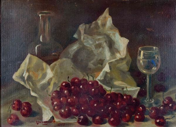 MARIO VARAGNOLO : Natura morta con ciliegie  (1955)  - olio su cartone - Auction  - I - Fidesarte - Casa d'aste