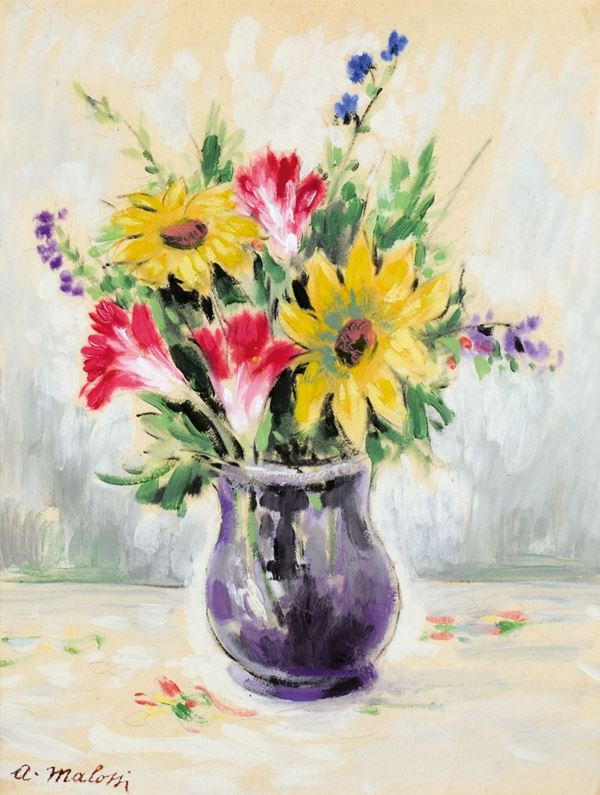 ARTURO  MALOSSI : Vaso di fiori  - olio su carta intelata - Asta ASTA DI NATALE 2017 - I - Fidesarte - Casa d'aste