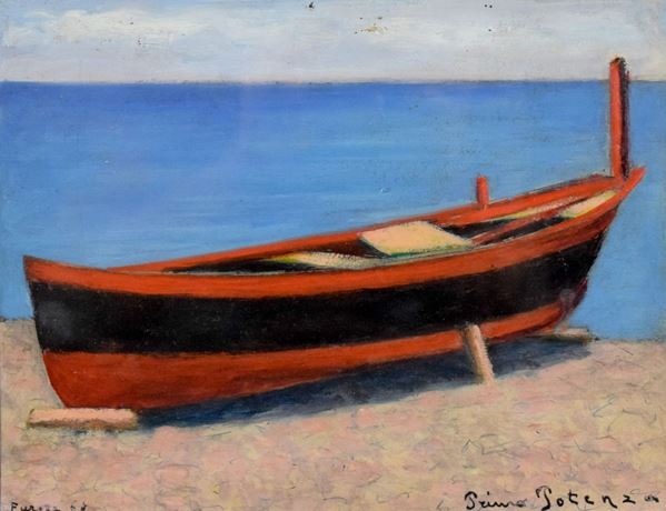 PRIMO POTENZA : Marina con barca a Furore  (1968)  - olio su cartone - Asta ASTA DI NATALE 2017 - I - Fidesarte - Casa d'aste