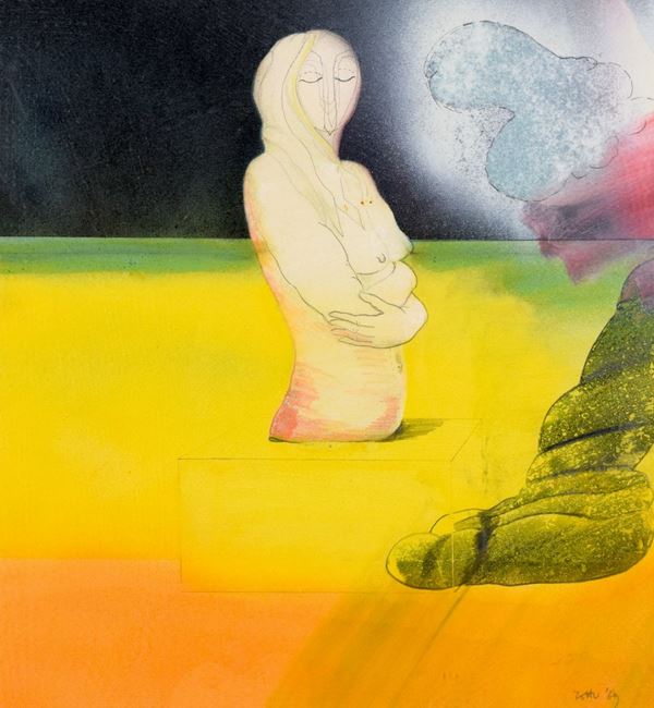 CARMELO ZOTTI : Monumento nel deserto  (1969)  - olio su carta - Auction  - I - Fidesarte - Casa d'aste