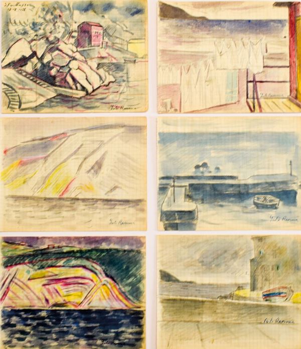 JUTI RAVENNA : Soggetti vari  ((anni '50))  - lotto di 6 tecniche miste su carta - Auction ASTA DI NATALE - II SESSIONE - II - Fidesarte - Casa d'aste