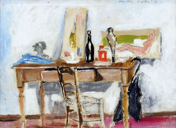 WALTER PIACESI : Tavolo nello studio  (1982)  - olio su cartone telato - Auction  - I - Fidesarte - Casa d'aste