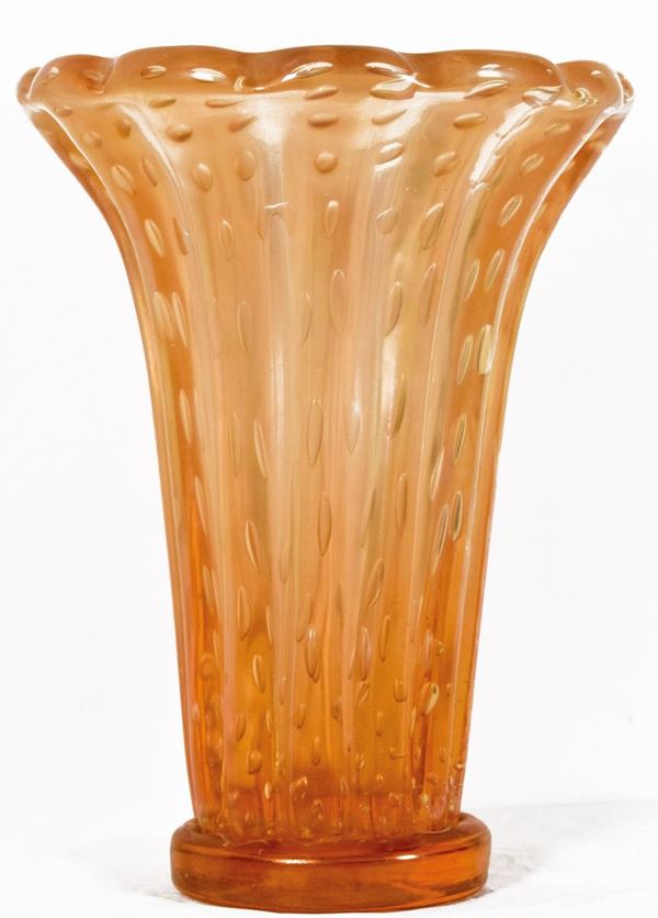 BAROVIER : Vaso  ((anni '60))  - vaso in vetro soffiato a coste sui toni dell'ambra - Asta ASTA DI NATALE 2017  - II - Fidesarte - Casa d'aste