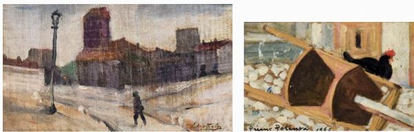 PRIMO POTENZA,FERRUCCIO SCATTOLA : Paesaggio (primi '900) - Interno rustico 1967  - lotto di 2 olii su tavola - Asta ASTA DI NATALE 2017 - I - Fidesarte - Casa d'aste