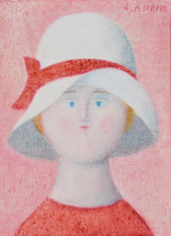 ANTONIO BUENO : "I920" Fiocco rosso cappello bianco  (1981)  - olio su cartone telato - Asta 76° ASTA DI ARTE MODERNA E CONTEMPORANEA - I - Fidesarte - Casa d'aste