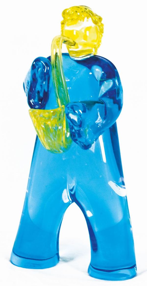 ELIO RAFFAELI : Suonatore sax  - scultura in vetro so nei toni dell'azzurro e del giallo - Auction ASTA DI NATALE - II SESSIONE - II - Fidesarte - Casa d'aste