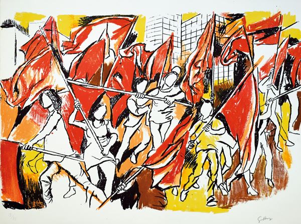 RENATO GUTTUSO : La gioventù con bandiere  (1968)  - litografia es. 13/75 - Auction 77° ASTA DI ARTE MODERNA E CONTEMPORANEA A TEMPO - Fidesarte - Casa d'aste