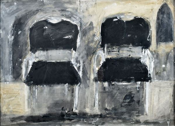 VITTORIO  RUGLIONI : Le sedie nere  (1989)  - tecnica mista su carta intelata - Asta ASTA DI GRAFICA E TECNICHE MISTE SU CARTA - I - Fidesarte - Casa d'aste