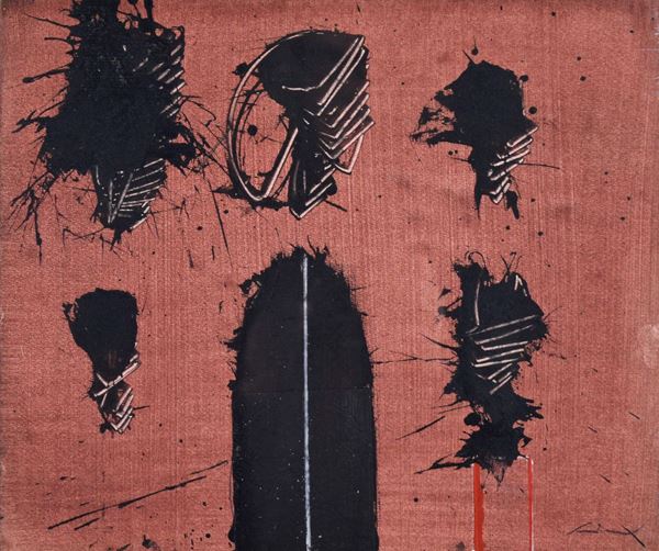 EMILIO SCANAVINO : senza titolo  (1968)  - tempera pastelli e collage su carta intelata - Asta 76° ASTA DI ARTE MODERNA E CONTEMPORANEA - I - Fidesarte - Casa d'aste