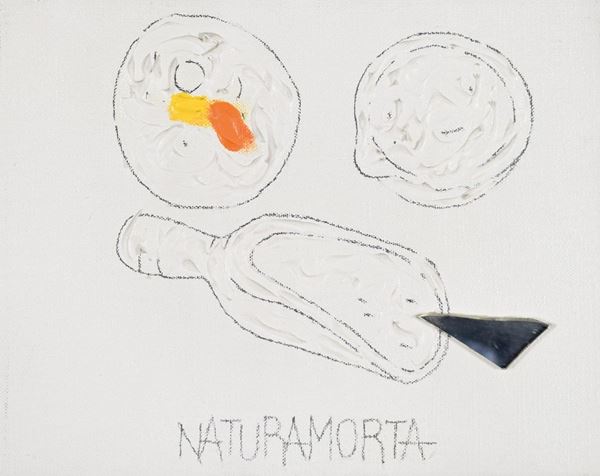 CONCETTO POZZATI : Natura morta  (1985)  - olio e collage di specchio su tela - Asta 76° ASTA DI ARTE MODERNA E CONTEMPORANEA - I - Fidesarte - Casa d'aste
