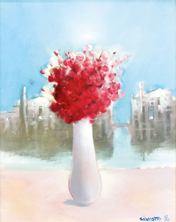 Vaso di fiori con veduta