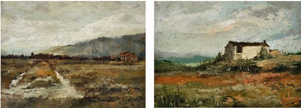 LUIGI BUSO : Paesaggi  ((anni '80))  - lotto di 2 olii su faesite - Auction 79° ASTA DI ARTE MODERNA E CONTEMPORANEA A TEMPO - Fidesarte - Casa d'aste