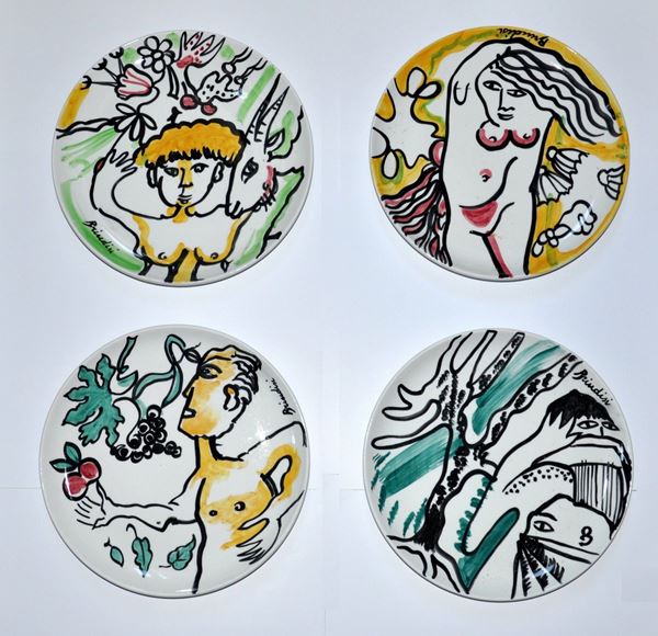REMO BRINDISI : 4 Stagioni  - lotto di 4 piatti ceramica firmati - Asta 6° Asta Benefica Opere d'Arte - Fidesarte - Casa d'aste